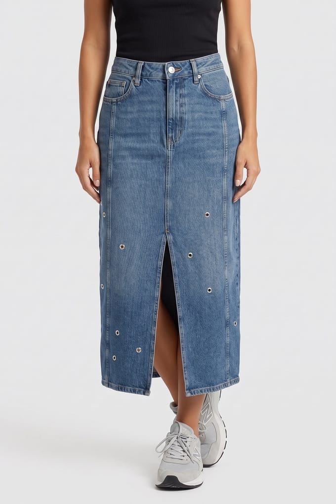 ARKET Jaboella Denim Eyelet Skirt Blue Maat: 38 | Maxi Rokken Outlet | Dames | Blauw