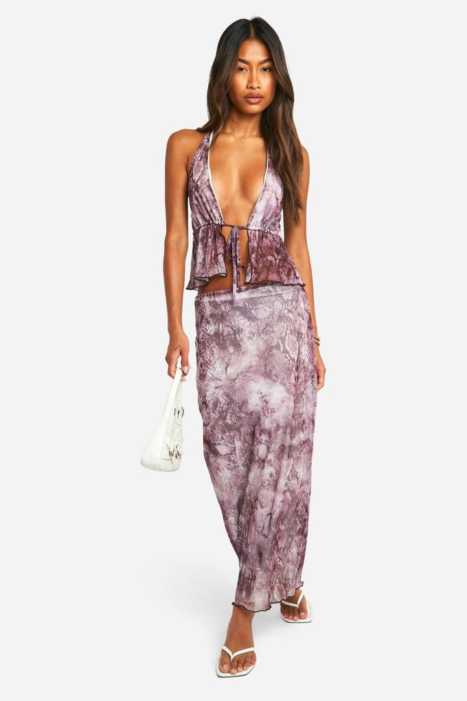 boohoo Dames Midaxi-rok met slangenprint van mesh, lage taille | Violet | Maat: 36