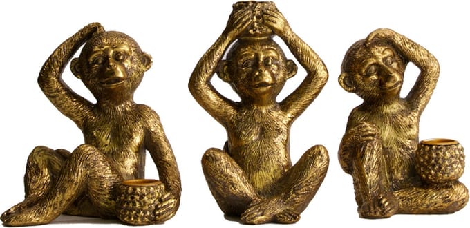 Kandelaren - Dinnercandle Holder Monkey Poly 10-13x9.5-11x14-16cm Gold Mixed