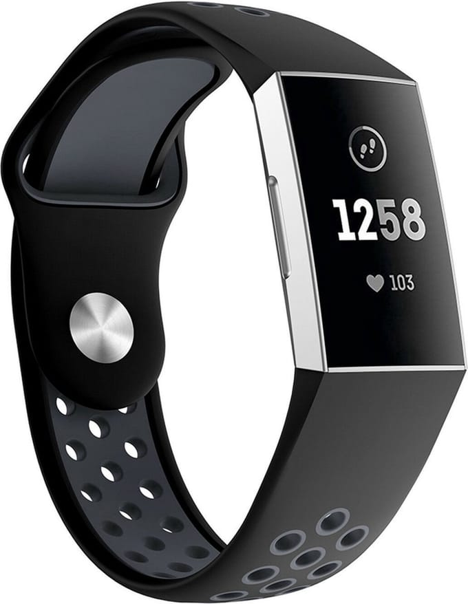 New Age Devi - Siliconen Sportbandje geschikt voor Fitbit Charge 3 4 - ML - Zwart Grijs