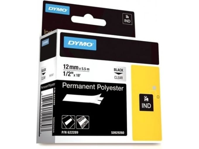 DYMO 622289 IND Rhino tape permanent polyester zwart op transparant 12mm (origineel)