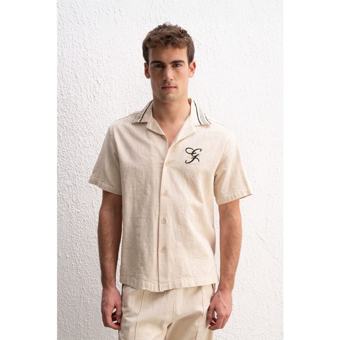 Heren Korte Mouw Linnenmix Shirt