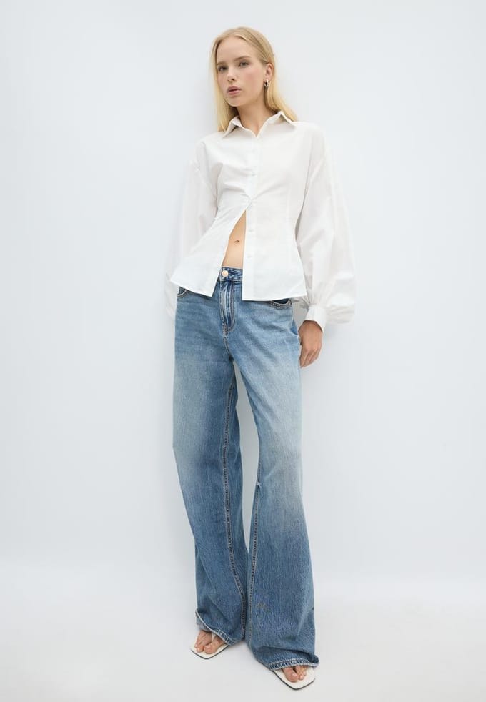 Stradivarius Popeline blouse met pofmouwen  Wit XS
