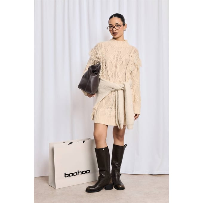 boohoo Dames Tassel Gebreide Kabel Mini Jumper Jurk | Stone | Maat: Small