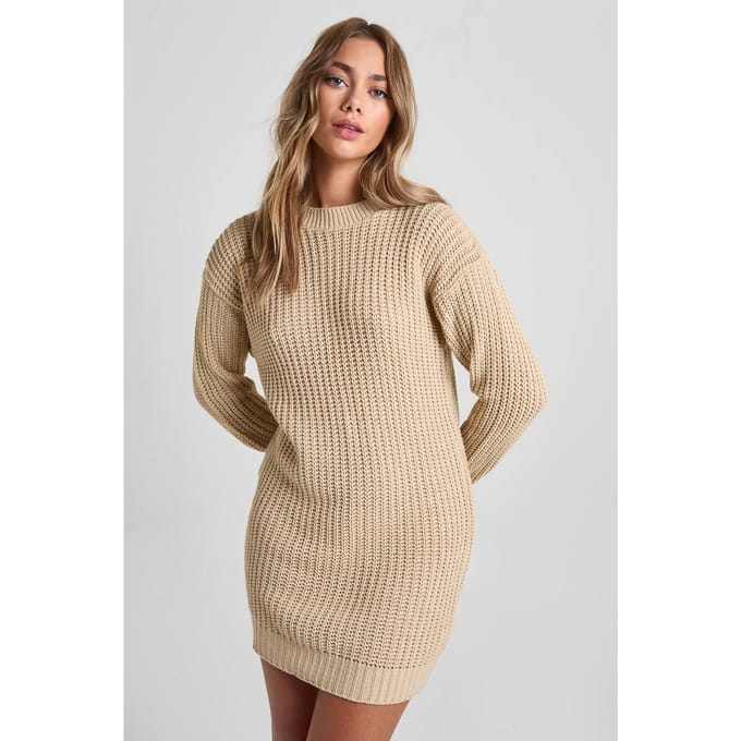 boohoo Dames Crew Neck Mini Jumper Jurk | Stone | Maat: Medium