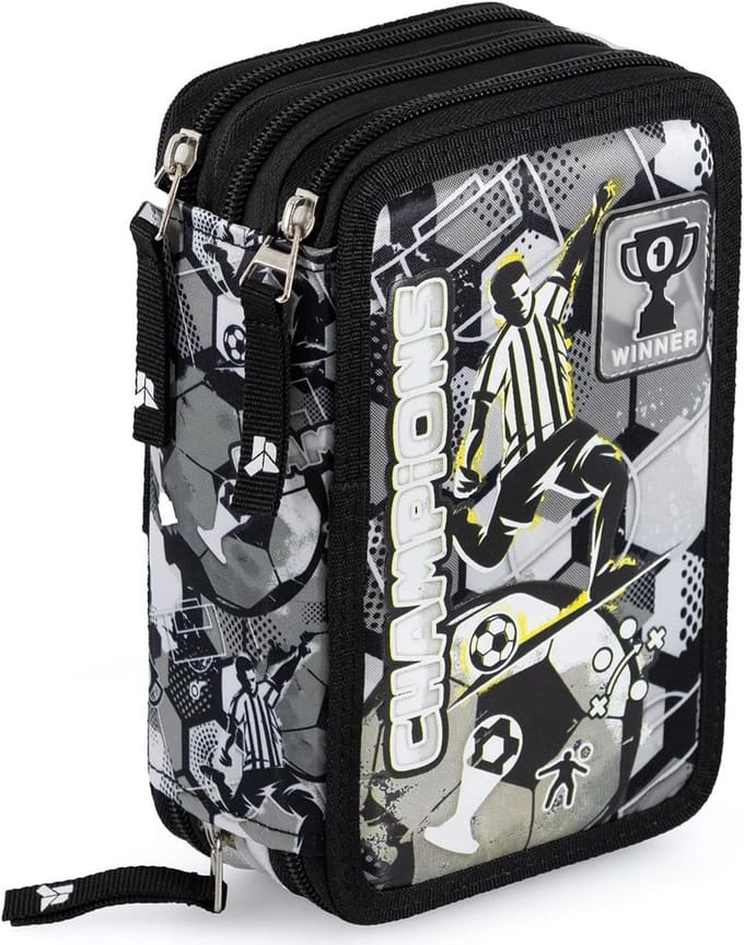 Drievoudig gevuld etui voor school, 44 schoolaccessoires, 20 cm, zwart-wit