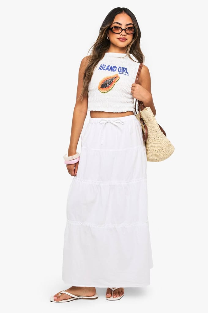 boohoo Dames Katoenen maxi-rok met lagen | White | Maat: XL