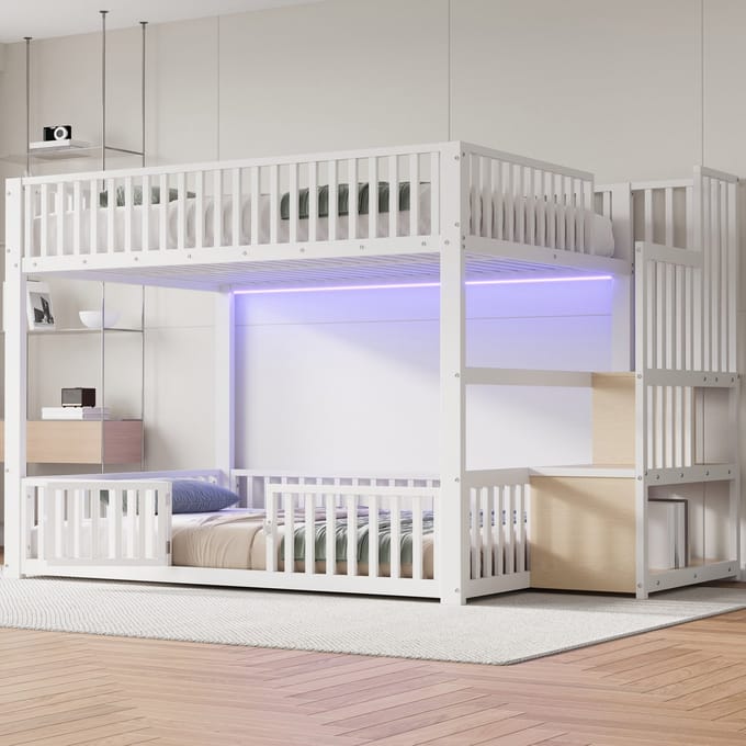 MODFU Stapelbed 140x200 cm – Lage constructie met opbergladder & LED – Wit – Metaal en MDF