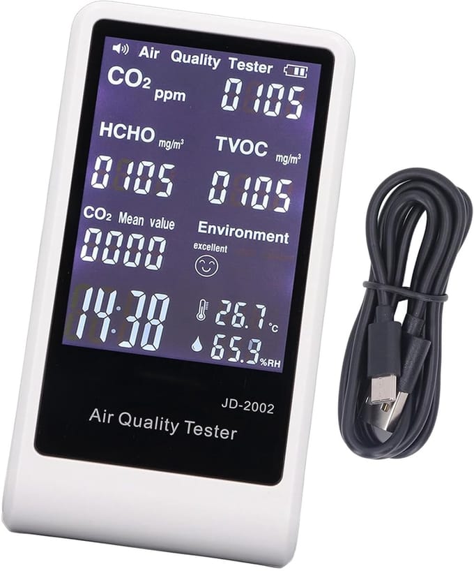 Luchtkwaliteitsdetector - CO2-meter Monitor - Binnenlucht Meten - 7-in-1 Detectie - USB Oplaadbaar - Wit