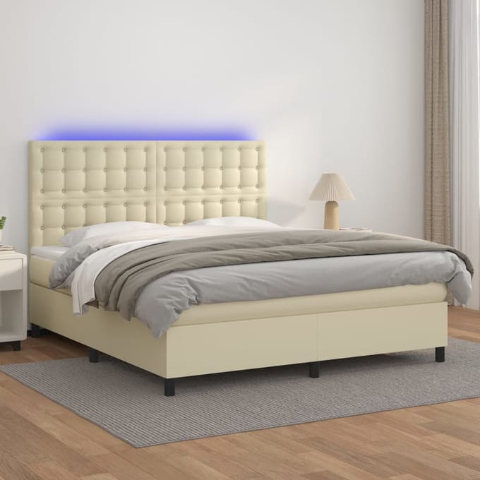 vidaXL - Boxspring - met - matras - en - LED - kunstleer - crèmekleurig - 180x200 - cm