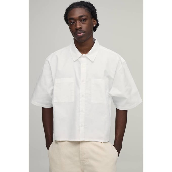 Oversized Crop Half Sleeve Oxford Shirt | White | Size Medium