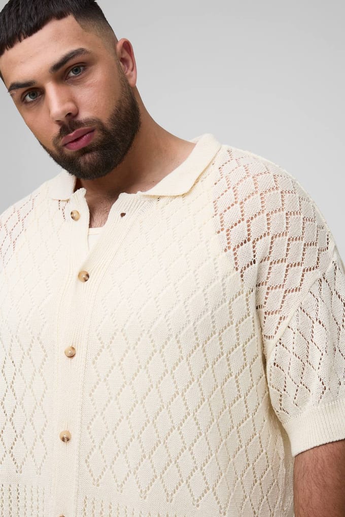Plus Open Stitch Crochet Ontspannen Poloshirt | Ecru | Size 3XL