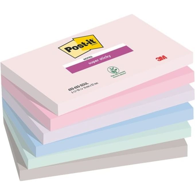 Post-it® Sticky Notes Super Sticky Notes 655-6SS-SOUL, B 127 x D 76 mm, PEFC® papier, gekleurd, 6 pads, 90 vellen/pad