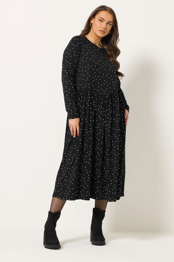 Yours Zwarte Polka Dot Peplum Maxijurk Size 66-68