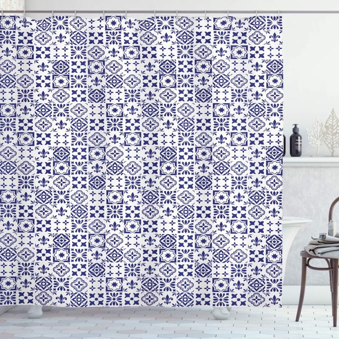 ABAKUHAUS Indigo douchegordijn – Tile Vierkant – 175×180 cm – Polyester