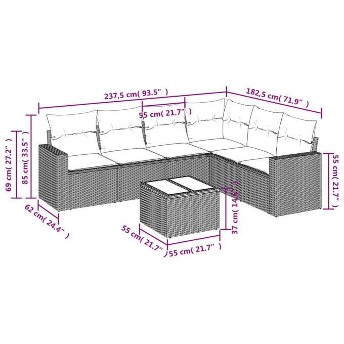 vidaXL - 7-delige - Loungeset - met - kussens - poly - rattan - grijs