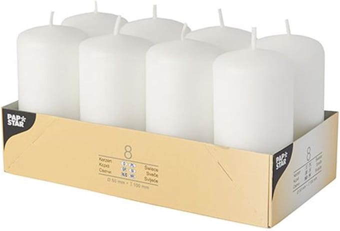 Papstar 1 doos = 6x8 stompkaarsen Ø 50 mm · 100 mm wit 17984
