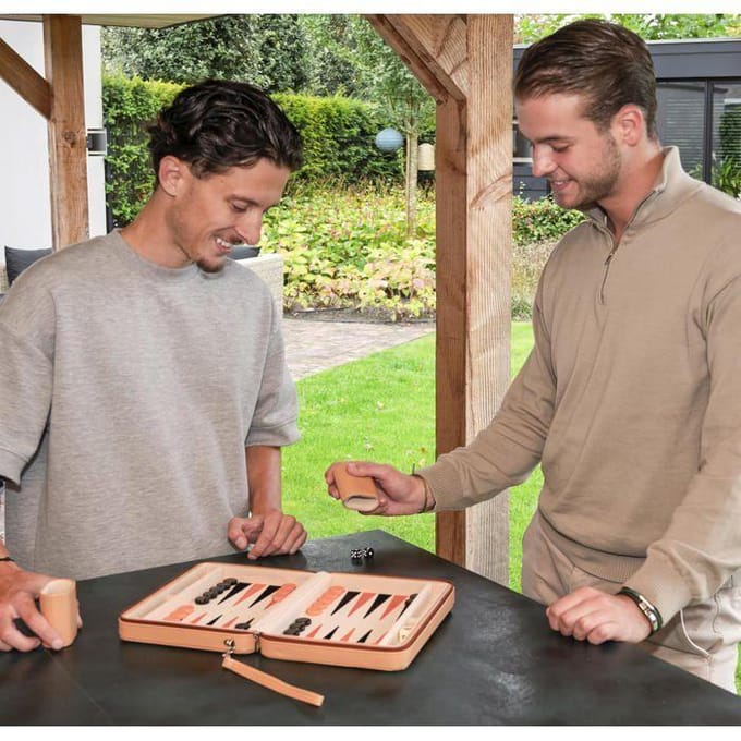 Backgammon 9 inch - Beige, Oranje & Zwart Ingelegd Bord - Beige Zipper - Compact Reisspel - Engelhart