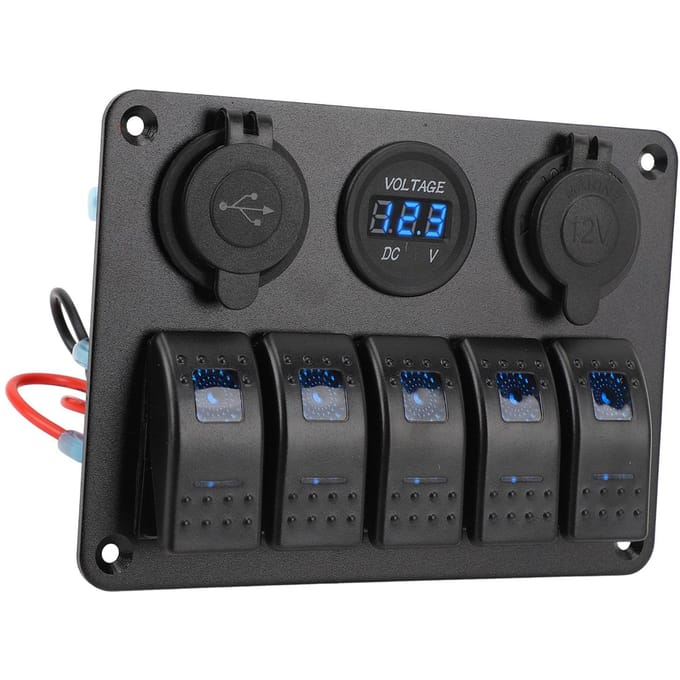 Schakelpaneel DC 12 tot 24V 5-voudig Aluminiumlegering IP65 Waterbestendig Voorbedraad Tuimelschakelaarpaneel
