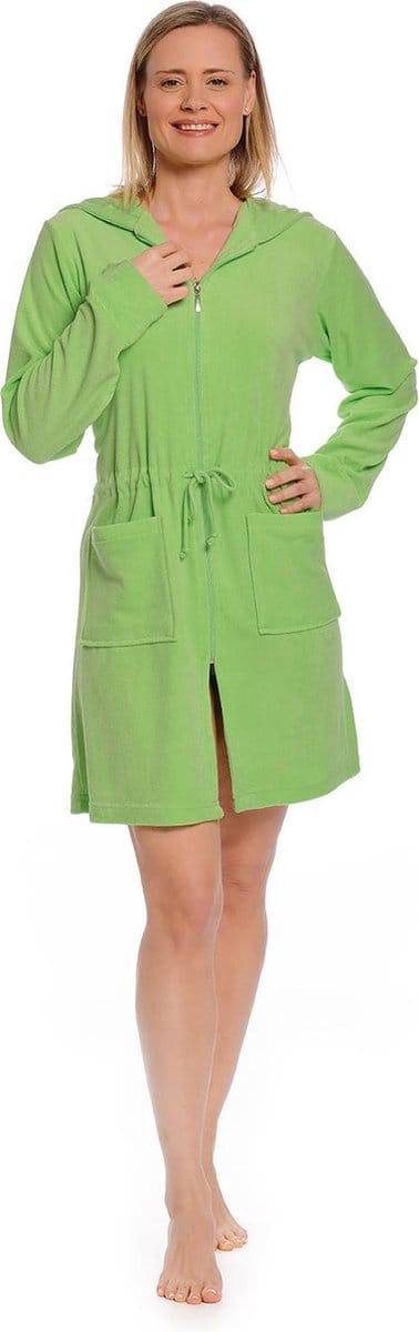 Rits badjas dames - korte badjas met capuchon - dames badjas met ritssluiting - limegroen - maat XXL