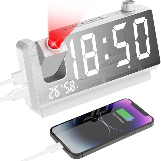 Digitale Wekker met Groot LED Display en Plafondprojector, Snooze en USB Poorten