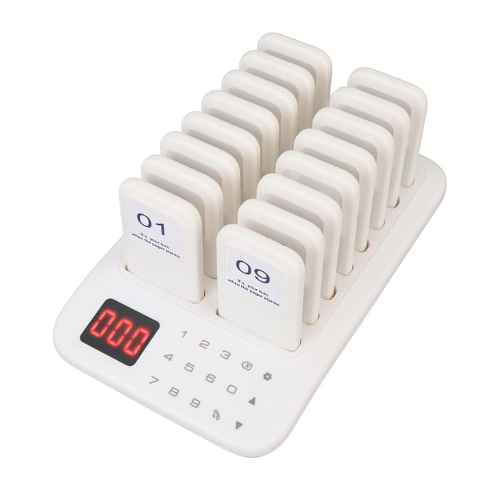 Restaurant Pagersysteem 1 tot 16 Vibratie Buzzer Knipperende Modussen 433.92MHz 500m 999s Draadloos EU Plug wit