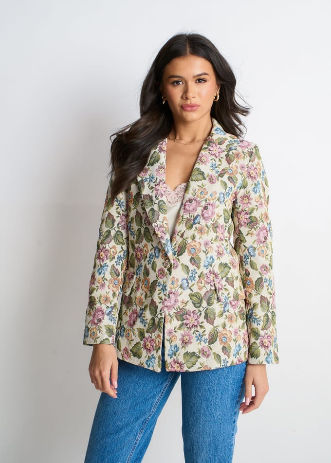 Beige bloemenjacquard getailleerd jasje