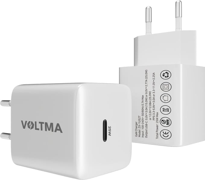 Voltma 25W USB-C oplader - usb c adapter met GaN-technologie - USB-C Oplaadstekker voor iPhone 15, Samsung, Smartphone - Wit
