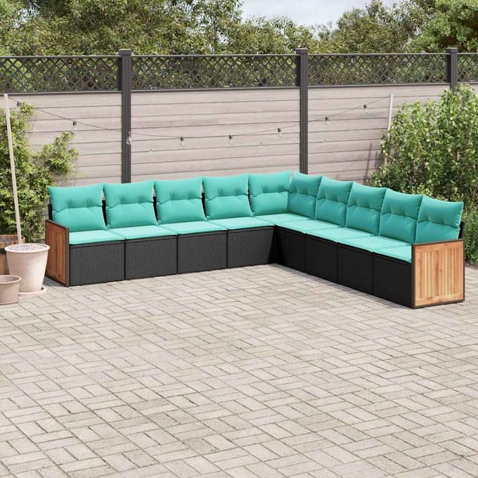 vidaXL - 9-delige - tuinbankset - met - kussens - van - zwart - polyrotan