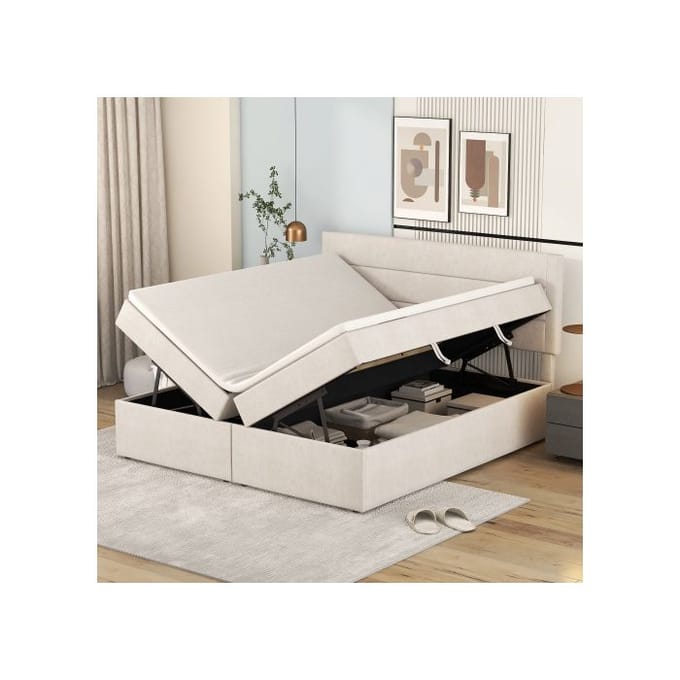 Gestoffeerd tweepersoonsbed - MUVOE - 200x140 cm - Beige - Lattenbodem - Grote opbergruimte beige