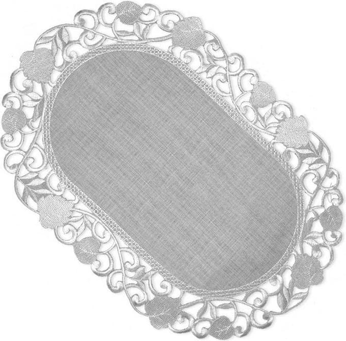 Tafelkleed - Linnenlook -  licht Grijs met blaadjes - Loper 35 cm