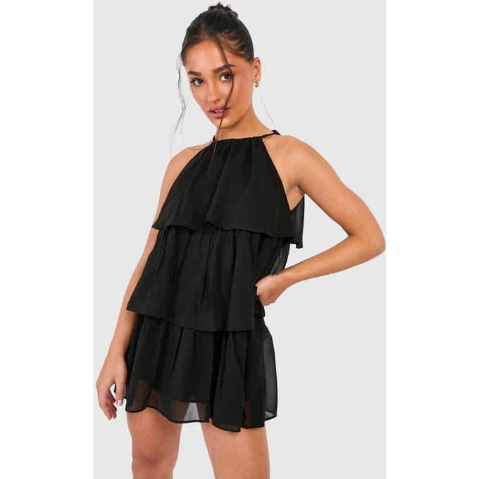 boohoo Dames Petite Chiffon Gelaagde Mini-Jurk | Zwart | Maat: 44