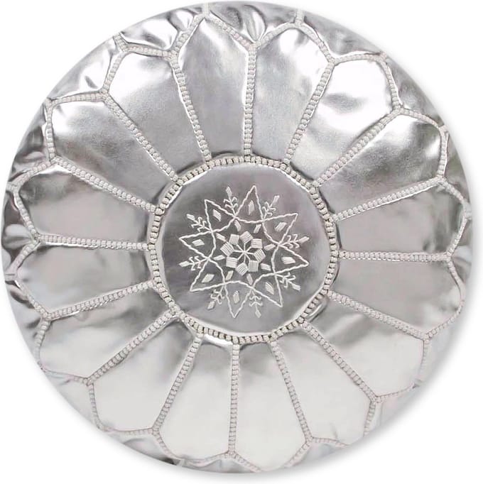 Marokkaanse Poef - Zilver - Poef Rond - Gevuld geleverd - PU leer