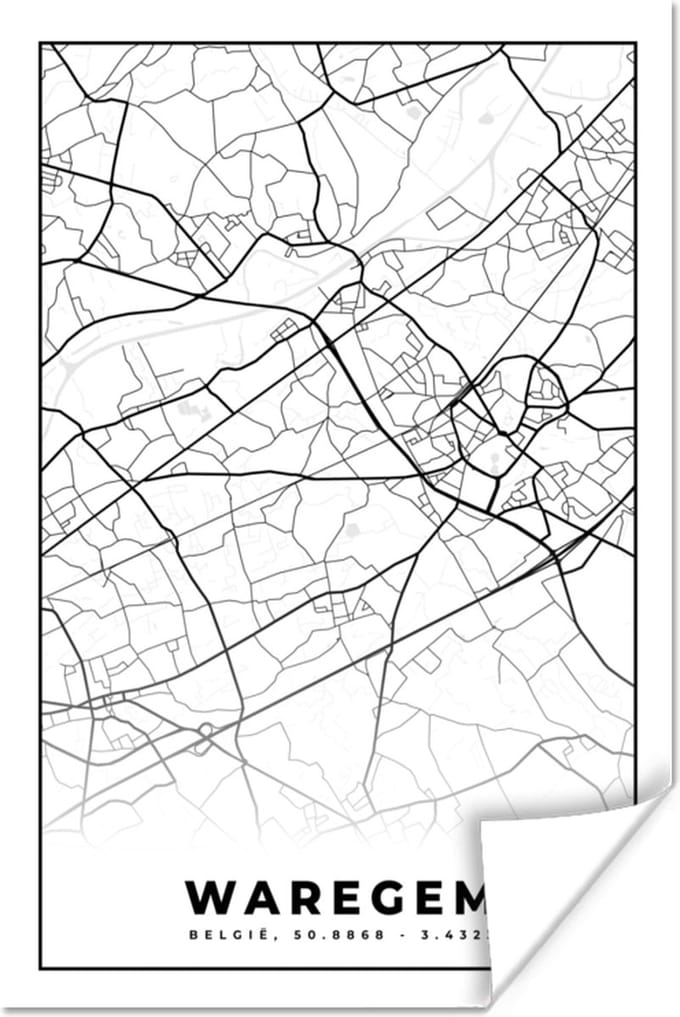 Poster Zwart Wit – België – Plattegrond – Stadskaart – Kaart – Waregem - 60x90 cm