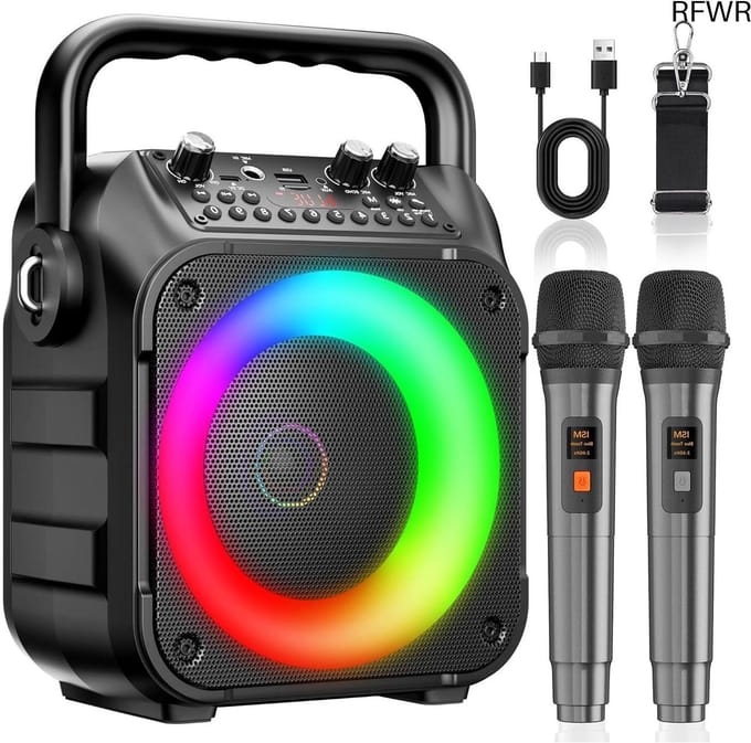 RFWR® Draagbare Karaoke Machine met 2 Draadloze Microfoons en LED Verlichting