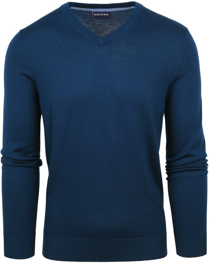 Suitable Merino Pullover V-Hals Indigo Blauw - Maat XL - Heren