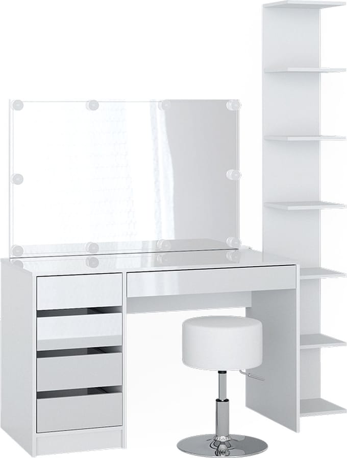 Vicco Sherry Kaptafel – 4 delen, met opbergplank, spiegel, kruk, LED Wit