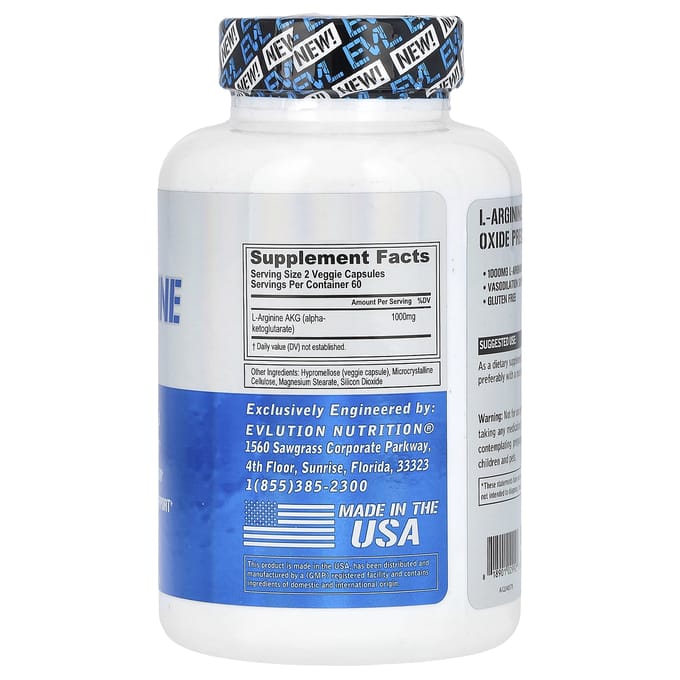 EVLution Nutrition, L-Arginine AKG, 1 000 mg, 120 Capsules Végétales (500 mg par gélule)