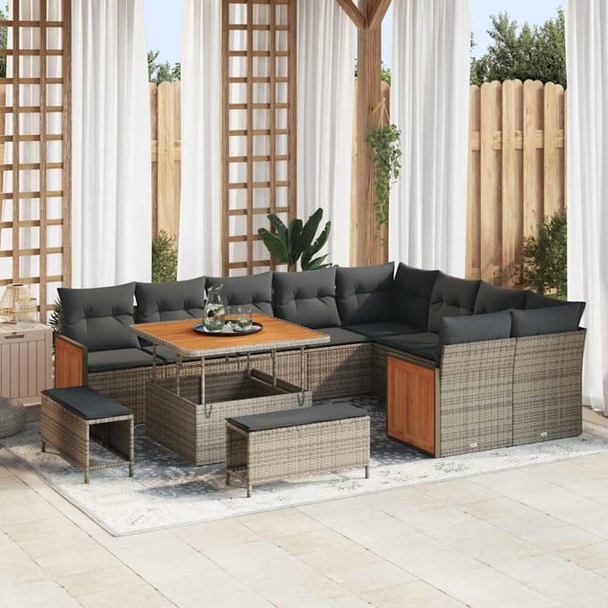 vidaXL - Tuinbank - Set - 13 - st - 11-zits - Grijs - poly - rattan