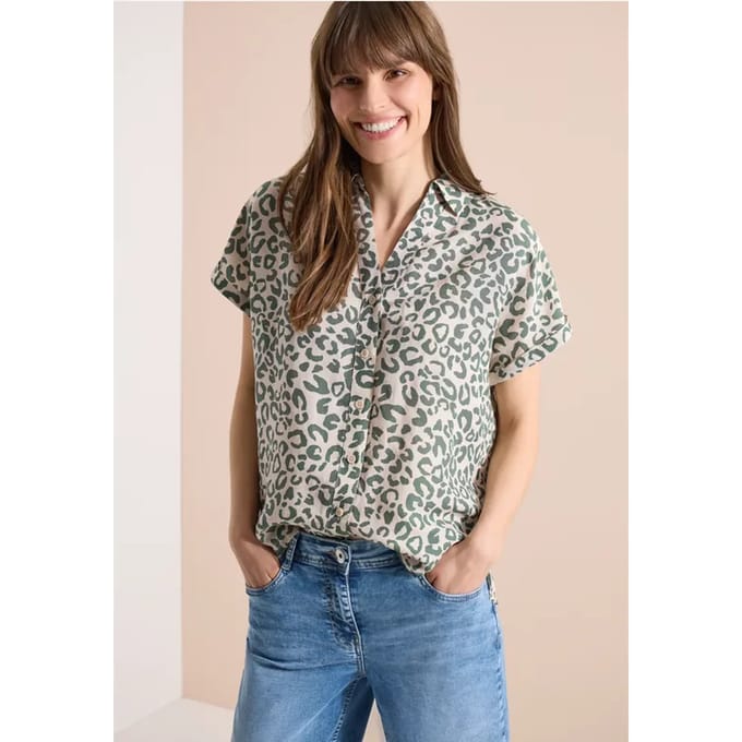 Overhemdblouse met leoprint in linnenmix