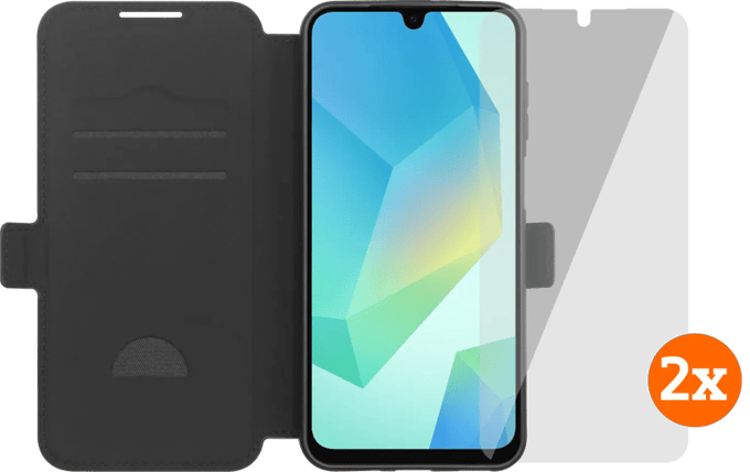 BlueBuilt Samsung Galaxy A18/A17 4G/5G Book Case Zwart + Screenprotector Glas Duo Pack