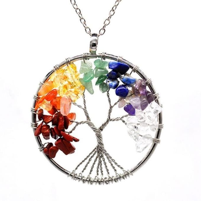 Pendentif en cristal - 7 Chakras SG - 7 pierres de Chakra - Arbre de vie - Pierre naturelle - Femme