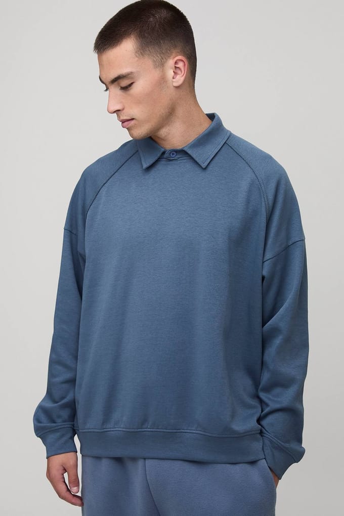 Oversized Premium Placketless Interlock Raglan Sleeve Polo T-Shirt | Slate | Size Medium