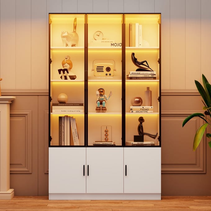 Vitrinekast - 120 x 32 x 200 cm - Hoge Kast met LED - 6 Deuren en Multifunctioneel - Glas - Wit