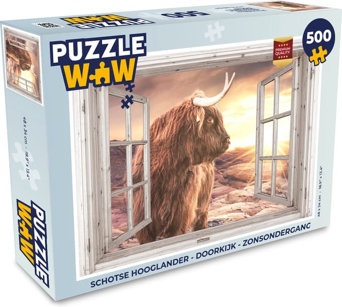 Puzzel Schotse hooglander - Doorkijk - Zonsondergang - Legpuzzel - Puzzel 500 stukjes