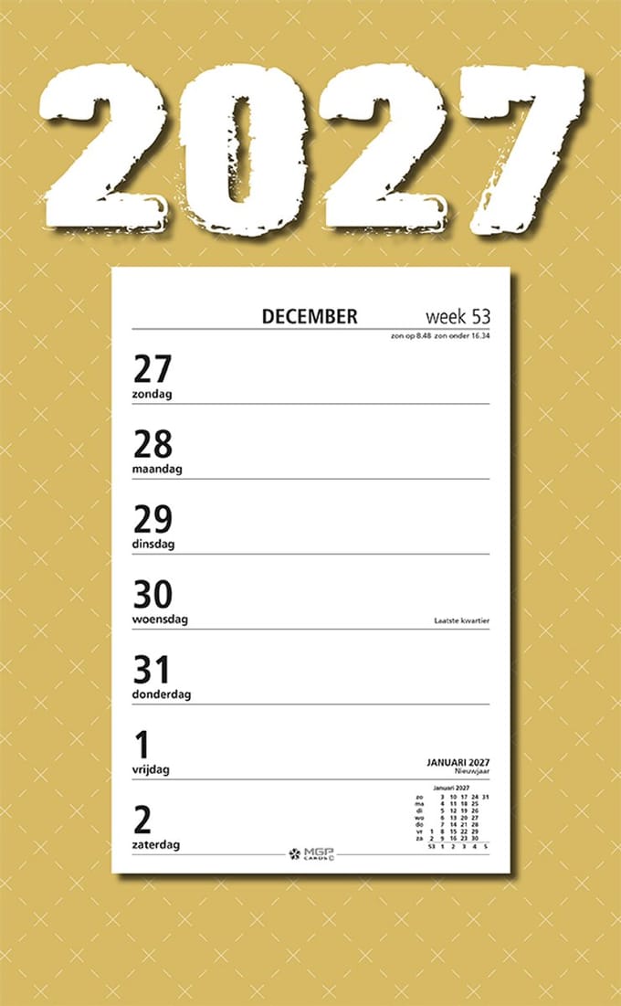 MGPcards - Week Scheurkalender 2027 - Week begint op zondag - 21 x 34 cm - Oker