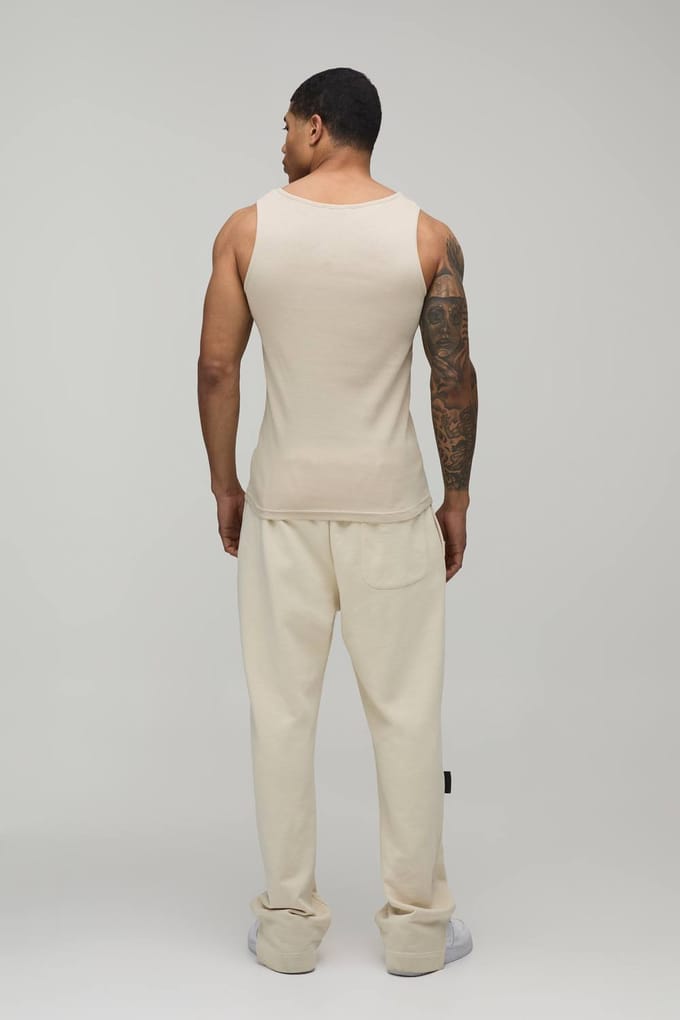 Essential Muscle Fit Ribbed Vest | Stone | Size Large