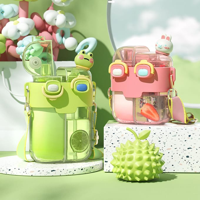 Kawaii Waterfles Mode Plastic Dubbele Drinkwaterfles met Rietje Verstelbare Riem voor Lime 780ml
