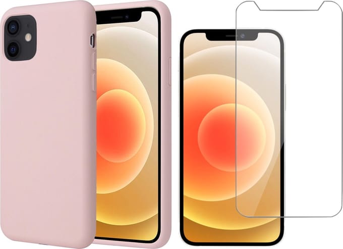 Hoesje geschikt voor iPhone 12 Mini - Screenprotector GlassGuard - Roze Liquid Siliconen Case