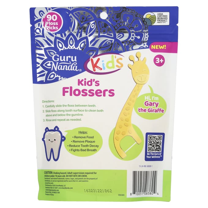 GuruNanda, Kinderflosdraad, Leeftijd 3+, Fluoride en gemengde bessen, 90 wegwerpflosdraadjes. multi